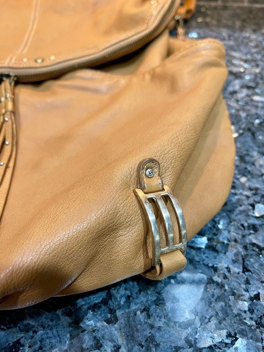 Hayden Harnett Shoulder Bag Tan Leather Hobo with Tassel & Hardware Detail - Picture 4 of 16